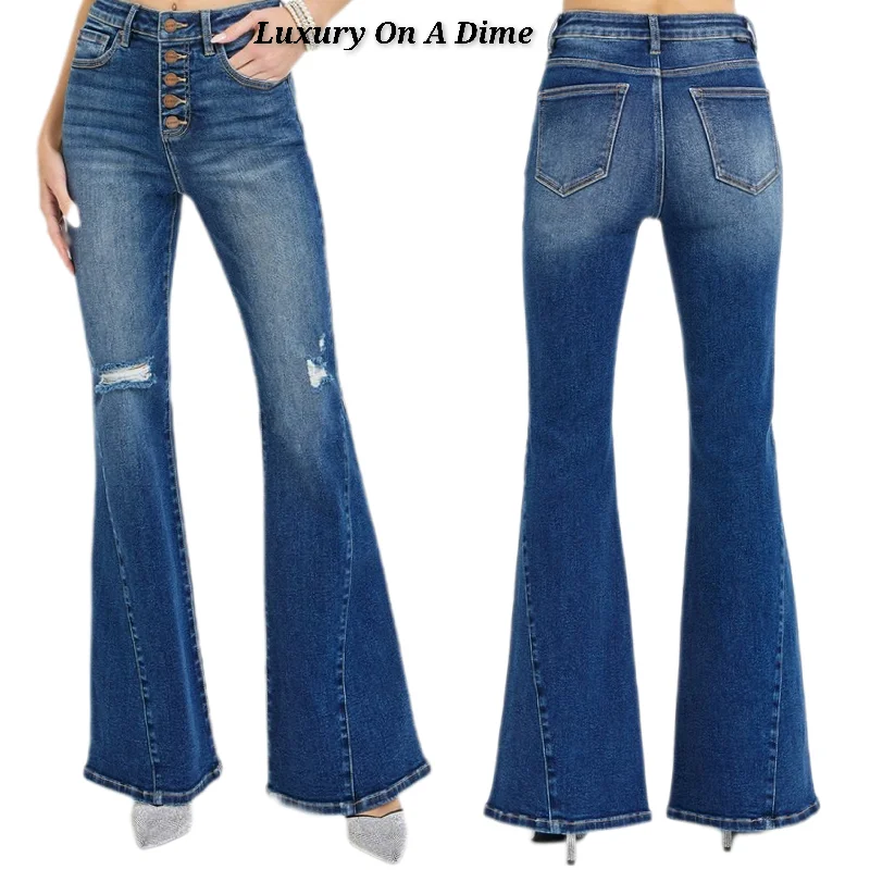 RISEN High-Rise Jeans Button Fly Flare Bell-Bottom Distressed Slim Fit Denim Pants Chic Rolled Cuff Denim Jeans RISEN High-Rise Jeans Button Fly Flare Bell-Bottom Distressed Slim Fit Denim Pants Chic Rolled Cuff Denim Jeans