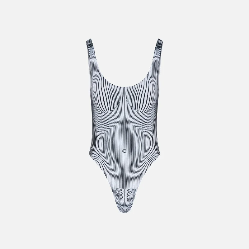 Jean Paul Gaultier Swimsuit Printed in Pinstripe Body Morphing - Black / White Comfortable Drawstring Waist Jeans Jean Paul Gaultier Swimsuit Printed in Pinstripe Body Morphing - Black / White Comfortable Drawstring Waist Jeans