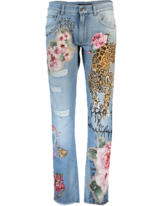 Floral And Leopard Distressed Jean Casual Skinny Fit Jeans