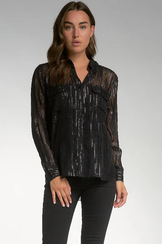Long Sleeve Button-Down Shirt with Pockets - Black Shimmer-- Chenille Fabric Brocade Fabric Lace Fabric Long Sleeve Button-Down Shirt with Pockets - Black Shimmer-- Chenille Fabric Brocade Fabric Lace Fabric