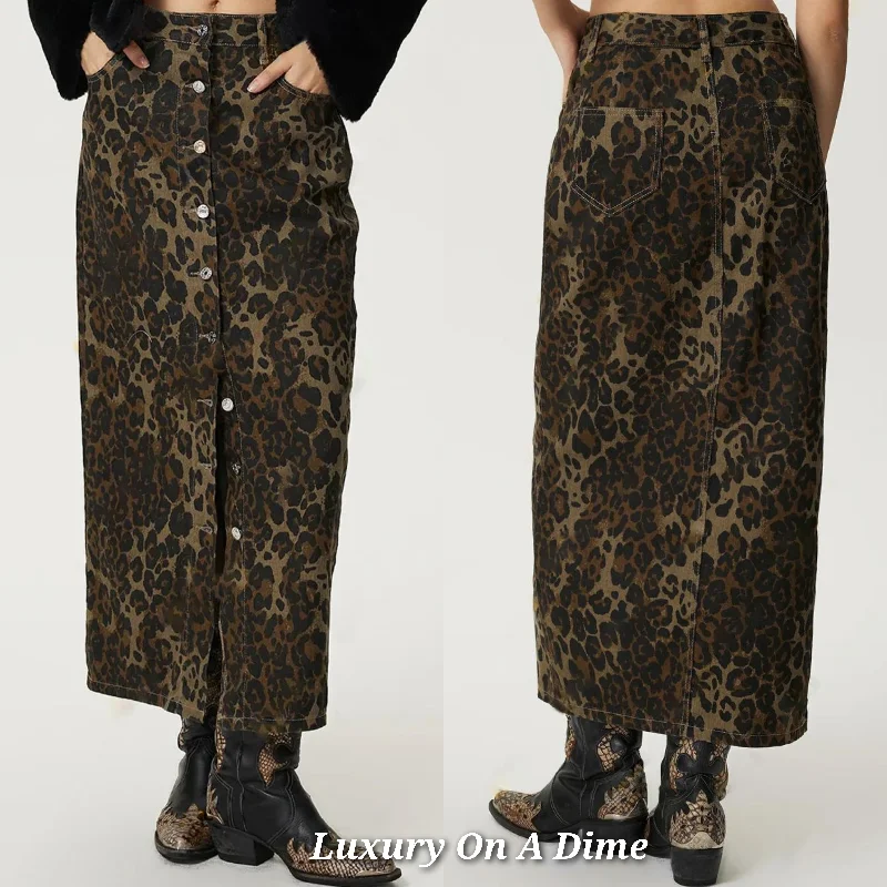 Leopard Denim Button-Up Straight Full-Length Long Pencil Jean Maxi Skirt Pockets Fashionable Raw Hem Bootcut Jeans Leopard Denim Button-Up Straight Full-Length Long Pencil Jean Maxi Skirt Pockets Fashionable Raw Hem Bootcut Jeans