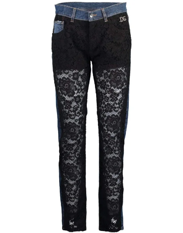 Denim and Lace Boyfriend Jeans Trendy Patchwork Denim Jeans