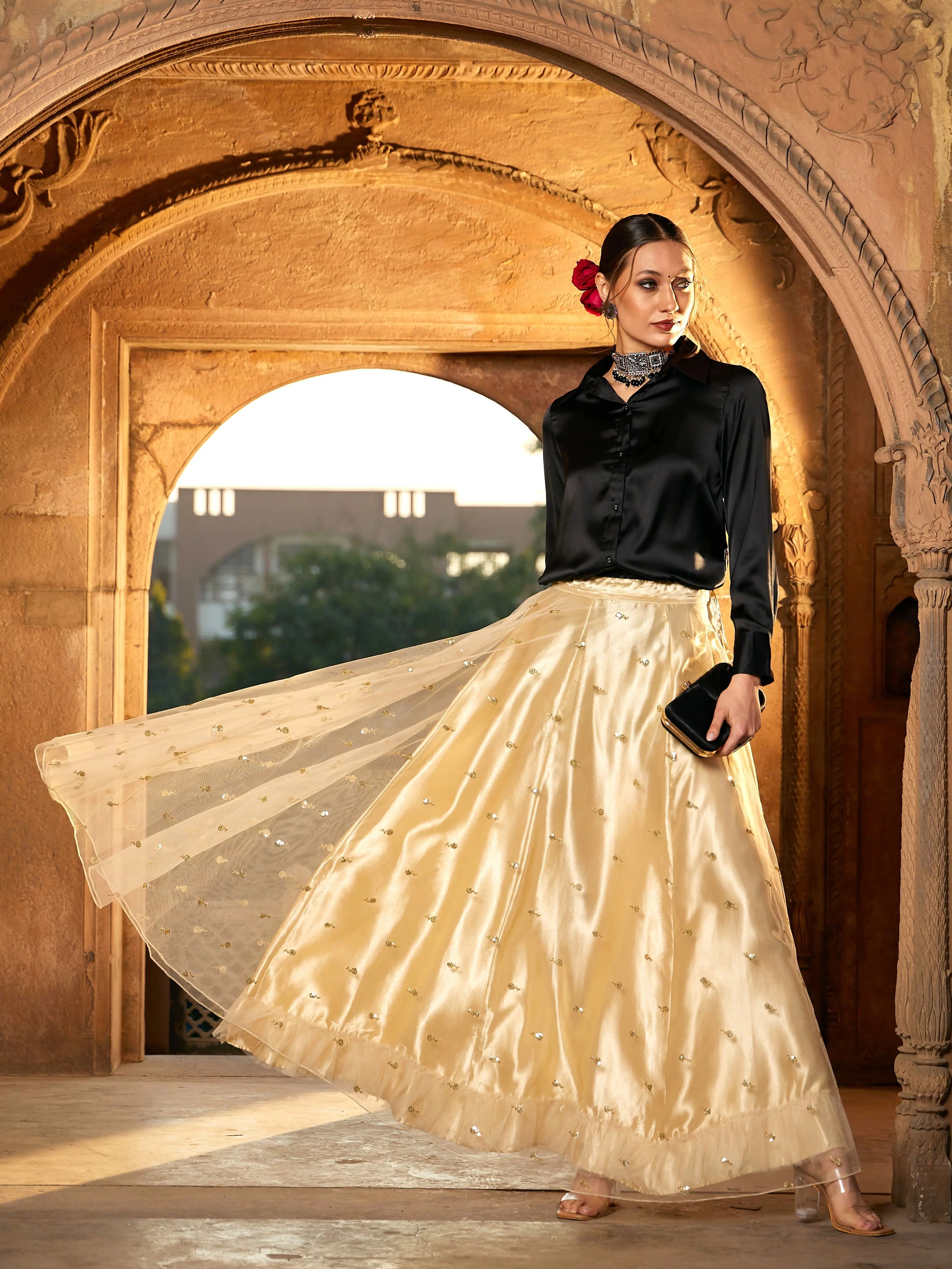 Women Black Satin Shirt With Gold Tulle Sequin Skirt-- Anti-Pilling Machine Wash Handmade Women Black Satin Shirt With Gold Tulle Sequin Skirt-- Anti-Pilling Machine Wash Handmade