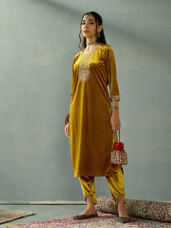 Women Mustard Velvet Embroidered Kurta With Tulip Pants Soft Stretch Leggings