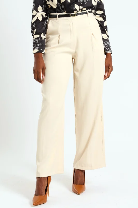 Belted Tailored Wide Leg Pant - Beige Slim-Fit Khaki Pants