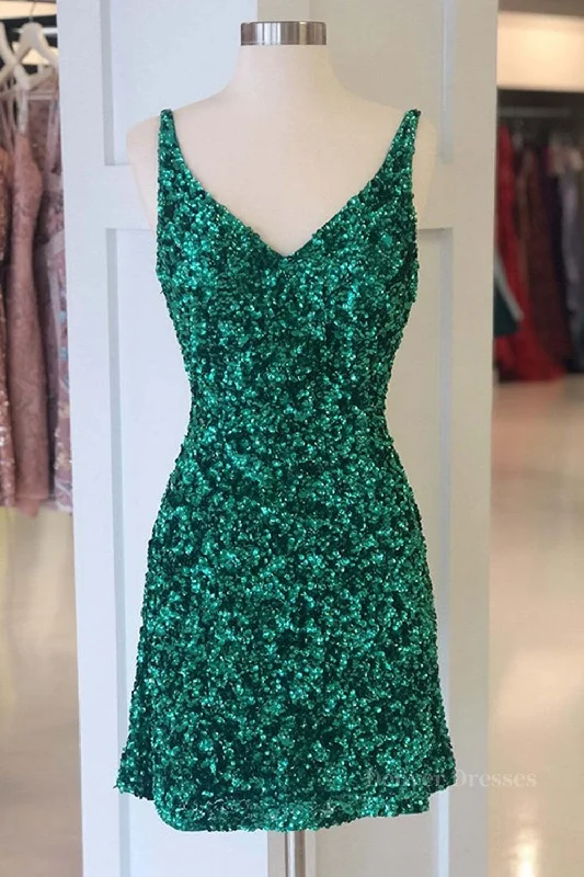 Shiny Green Sequins V Neck Short Prom Dresses, V Neck Green Homecoming Dresses, Green Formal Evening Dresses Tunics Practical durable Shiny Green Sequins V Neck Short Prom Dresses, V Neck Green Homecoming Dresses, Green Formal Evening Dresses Tunics Practical durable