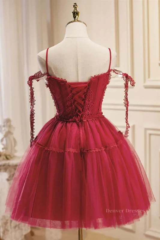Off the Shoulder Short Burgundy Lace Prom Dresses, Wine Red Short Lace Formal Graduation Dresses Tunics Floral girly Off the Shoulder Short Burgundy Lace Prom Dresses, Wine Red Short Lace Formal Graduation Dresses Tunics Floral girly