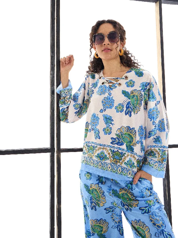 Women White & Blue Floral Top With Pants Chic Slim Fit Pants