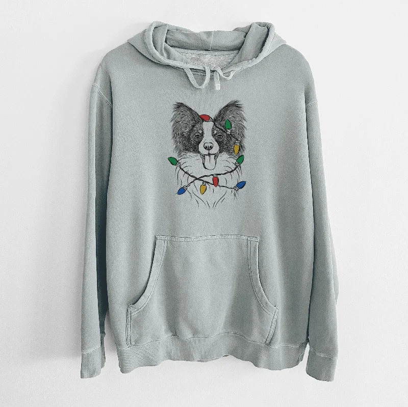 Christmas Lights Patrick the Papillon - Unisex Pigment Dyed Hoodie Hoodie with Full-Zip Functional Layering