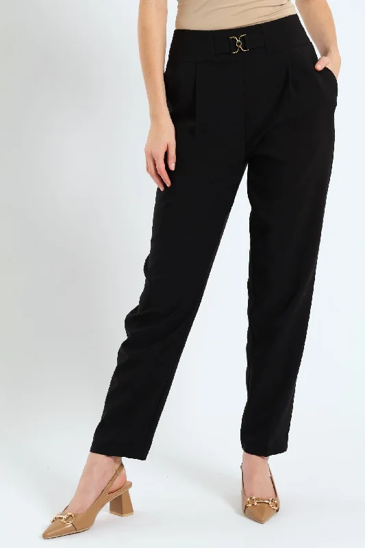 High Waisted Buckle Tapered Leg Pant - Black Elegant Silk Pants