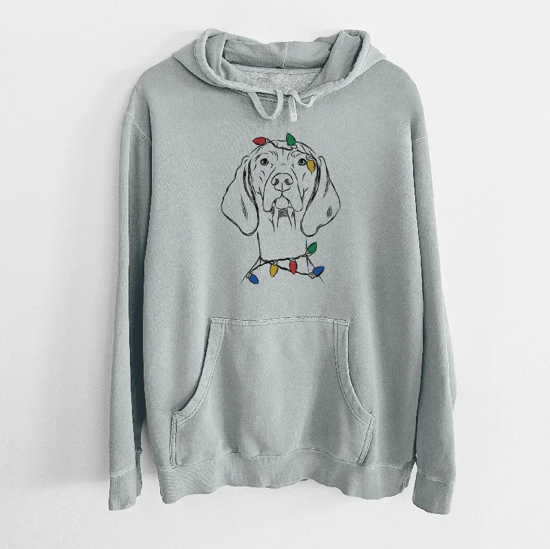 Christmas Lights Sawyer the Vizsla - Unisex Pigment Dyed Hoodie Hoodie with Lace Feminine Delicate