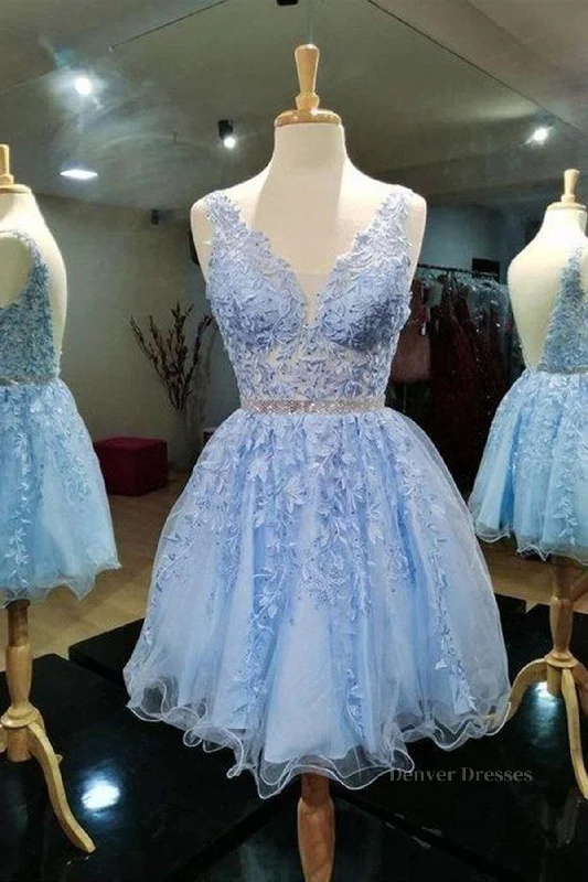 V Neck Short Blue Lace Prom Dresses, Short Blue Lace Formal Homecoming Dresses Crew Neckline Sporty V Neck Short Blue Lace Prom Dresses, Short Blue Lace Formal Homecoming Dresses Crew Neckline Sporty
