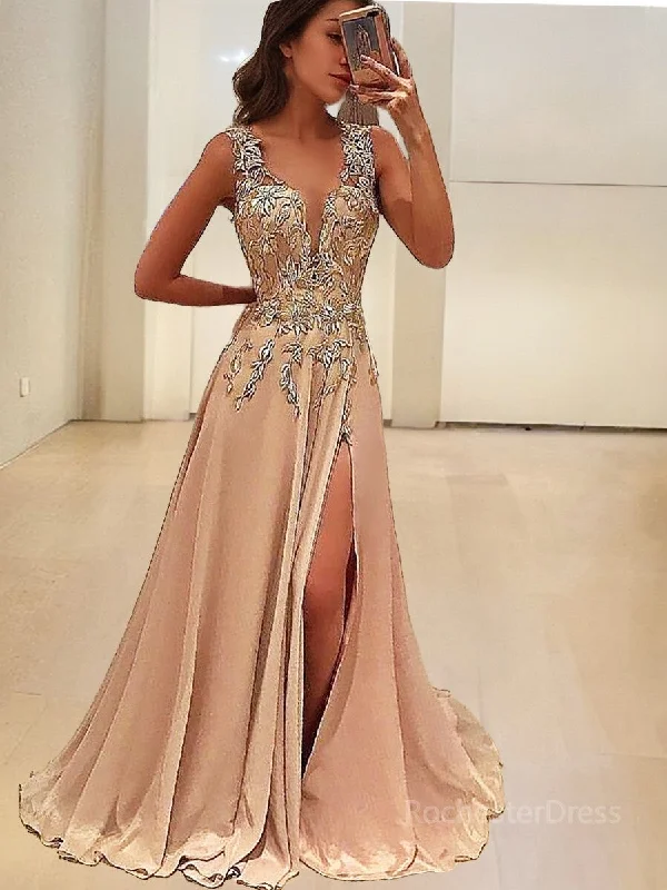 A-Line/Princess V-neck Floor-Length Silk like Satin Evening Dresses With Leg Slit Tunics Chic elegant
