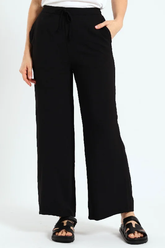 Pull On Wideleg Pants With Pockets - Black Trendy Wide-Leg Pants