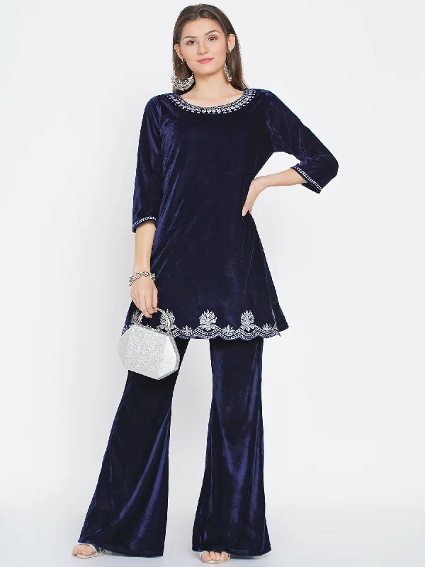 Women Republic Navy Blue Velvet Embroidered Kurta With Bellbottom Pants Trendy Printed Pants