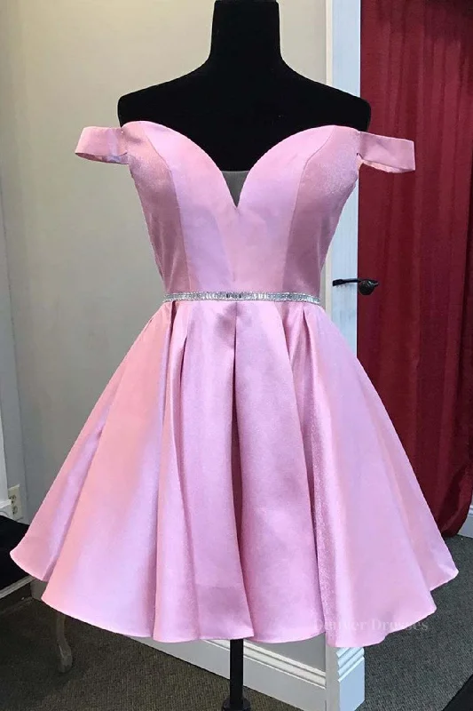 Cute Off Shoulder Pink Satin Short Prom Dresses, Off the Shoulder Pink Homecoming Dresses, Pink Formal Graduation Evening Dresses Bodycon Club Sequined Cute Off Shoulder Pink Satin Short Prom Dresses, Off the Shoulder Pink Homecoming Dresses, Pink Formal Graduation Evening Dresses Bodycon Club Sequined