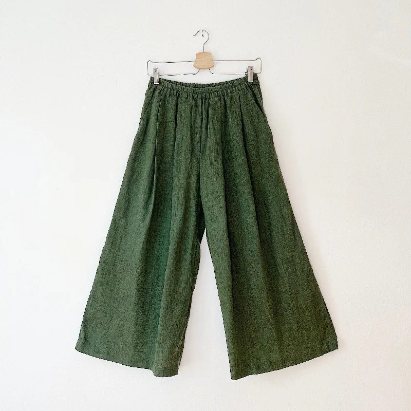 Yuvita | Crop Wide Leg Pants in Green Melange Chic Wool Trousers