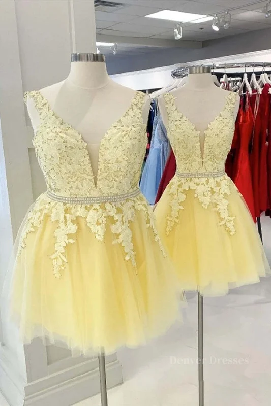 Cute V Neck Yellow Lace Short Prom Dress with Belt, Yellow Lace Homecoming Dress, Short Yellow Formal Evening Dress Maxi Flowy Bohemian Cute V Neck Yellow Lace Short Prom Dress with Belt, Yellow Lace Homecoming Dress, Short Yellow Formal Evening Dress Maxi Flowy Bohemian