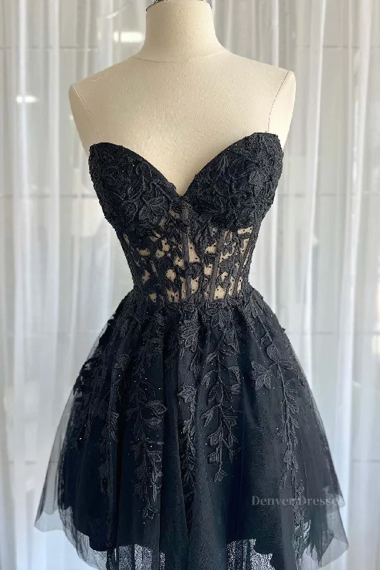Strapless Short Black Lace Prom Dresses, Short Black Lace Formal Homecoming Dresses Tunics Sophisticated sleek Strapless Short Black Lace Prom Dresses, Short Black Lace Formal Homecoming Dresses Tunics Sophisticated sleek