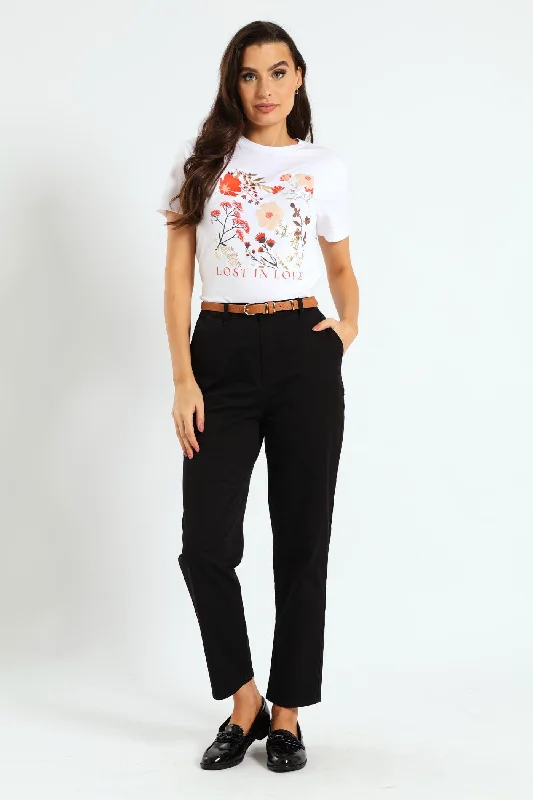 Belted Stretch Sateen Chino Pants - Black Classic Straight Pants