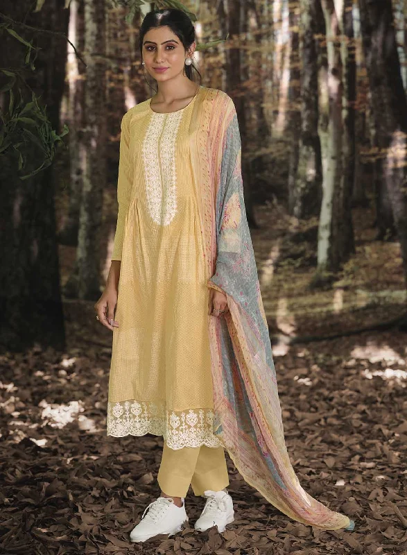 Light Yellow Unstitched Lawn Cotton Suit Dress Material with Embroidery Crew Neckline Sporty Light Yellow Unstitched Lawn Cotton Suit Dress Material with Embroidery Crew Neckline Sporty