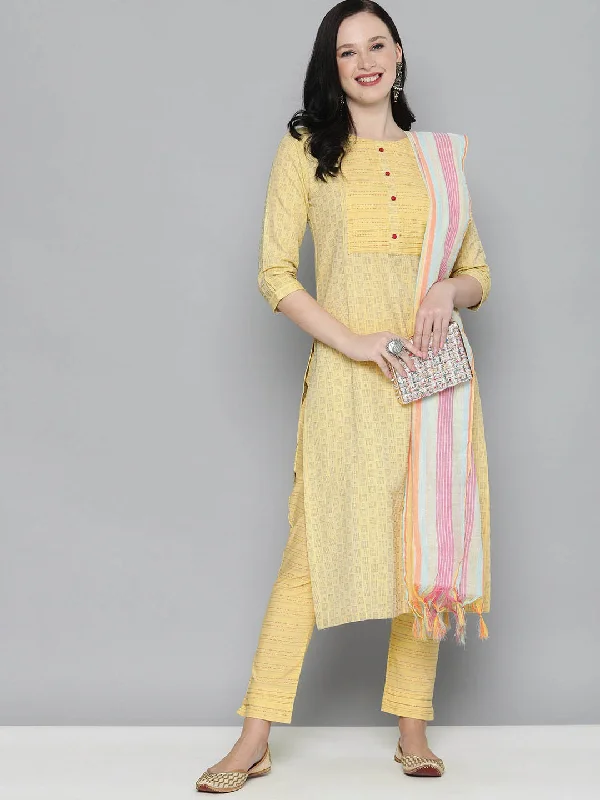 Yellow Pure Handloom Cotton Unstitched Dress Material Tunics Running lightweight