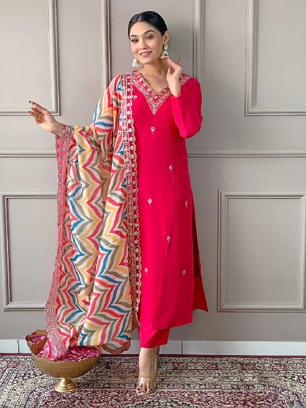 Women V Neck Embroidered Work Viscose Fabric Kurta & Pant With Dupatta Set Relaxed Lounge Trousers