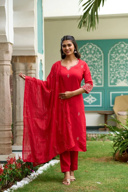 Women V Neck Embroidered Work Soft Chanderi Fabric Kurta & Pant With Dupatta Set Stylish Slim Trousers Women V Neck Embroidered Work Soft Chanderi Fabric Kurta & Pant With Dupatta Set Stylish Slim Trousers