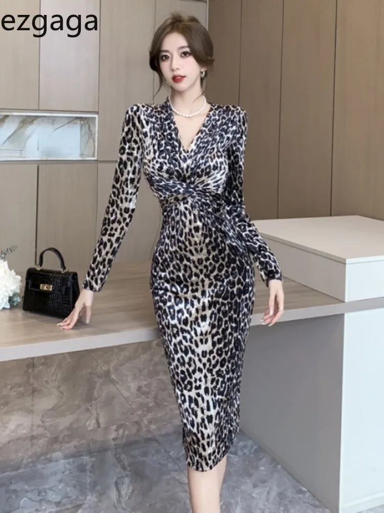 Yipinpay Woman Dress Leopard Printed V Neck Long Sleeve Autumn Winter Fashion French Style Slim Elegant Dresses Ladies Sexy Tunics Yoga stretchy Yipinpay Woman Dress Leopard Printed V Neck Long Sleeve Autumn Winter Fashion French Style Slim Elegant Dresses Ladies Sexy Tunics Yoga stretchy
