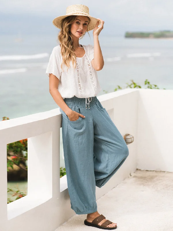 Sadhu French Linen Pants Tahiti Blue Chic Capri Pants