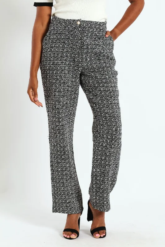Tweed Straight Leg Pant  - Cream/Black Elegant Silk Pants