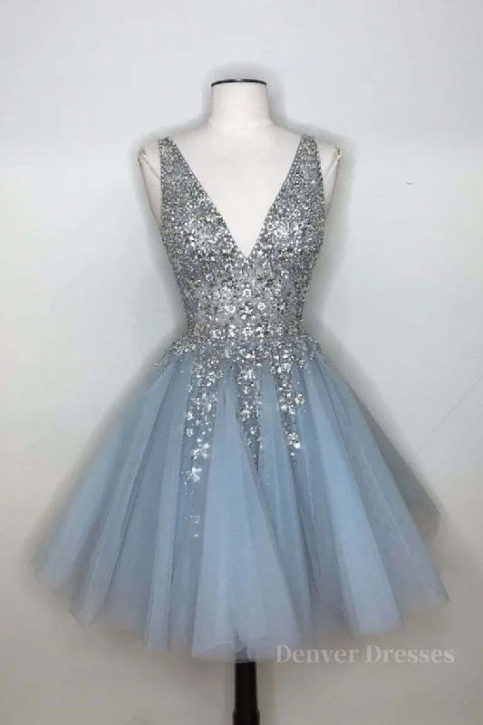 Blue v neck tulle sequin short prom dress, blue homecoming dress Tunics Yoga stretchy Blue v neck tulle sequin short prom dress, blue homecoming dress Tunics Yoga stretchy