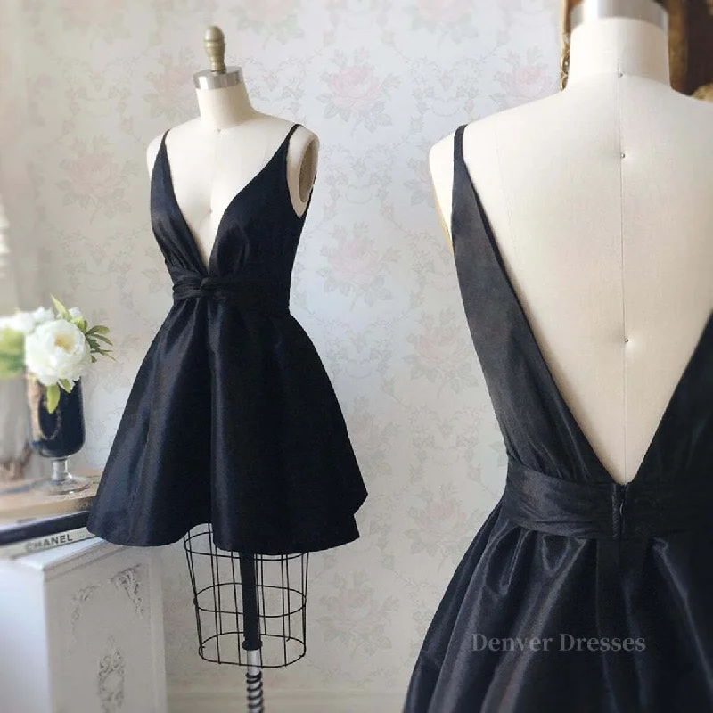 V Neck and V Back Black Satin Short Prom Homecoming Dress, V Neck Black Formal Graduation Evening Dress, Black Cocktail Dress Tunic Top Casual V Neck and V Back Black Satin Short Prom Homecoming Dress, V Neck Black Formal Graduation Evening Dress, Black Cocktail Dress Tunic Top Casual