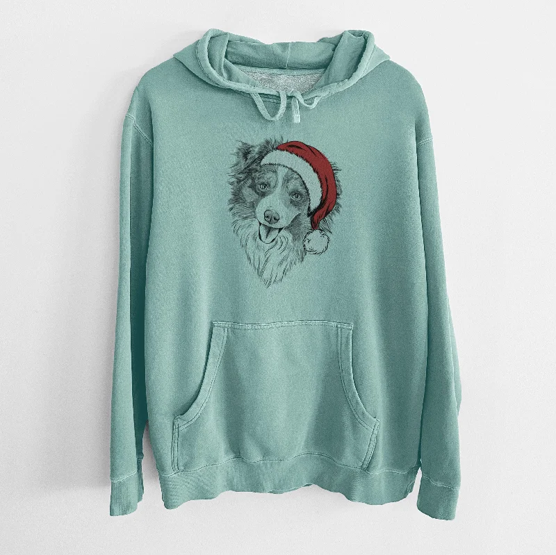 Santa Hat Doc the Mini Aussie - Unisex Pigment Dyed Hoodie Hoodie with Hem Drawcord Adjustable Customizable
