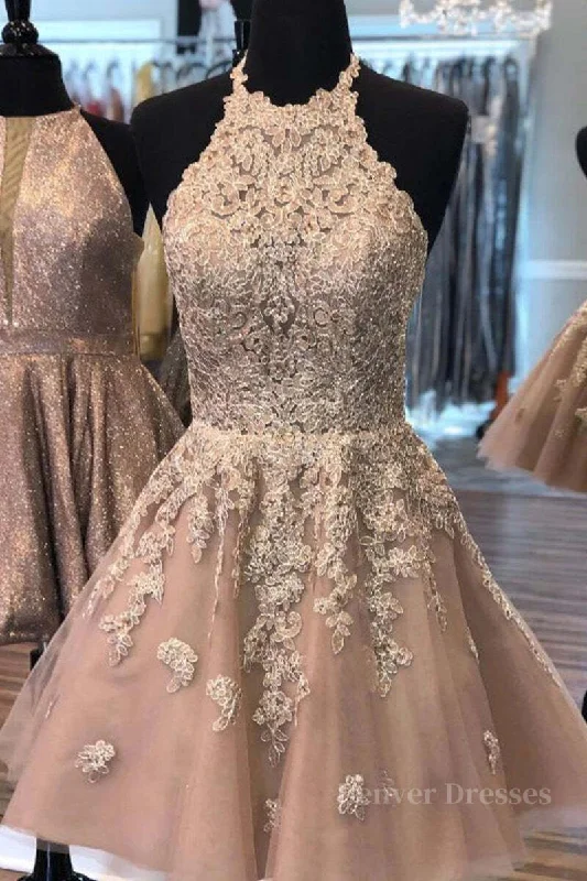 Halter Neck Short Champagne Lace Prom Dress, Champagne Lace Formal Graduation Homecoming Dress Tunics Summer linen Halter Neck Short Champagne Lace Prom Dress, Champagne Lace Formal Graduation Homecoming Dress Tunics Summer linen