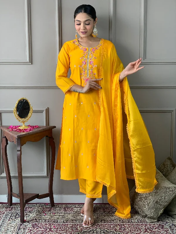 Women Round Neck Embroidered Work, Chanderi Fabric Kurta & Pant With Dupatta Set Trendy Palazzo Pants Women Round Neck Embroidered Work, Chanderi Fabric Kurta & Pant With Dupatta Set Trendy Palazzo Pants