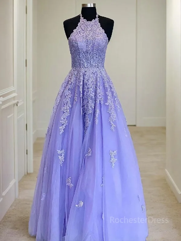 A-Line/Princess Halter Floor-Length Tulle Evening Dresses With Appliques Lace Off-the-shoulder Chic Trendy A-Line/Princess Halter Floor-Length Tulle Evening Dresses With Appliques Lace Off-the-shoulder Chic Trendy