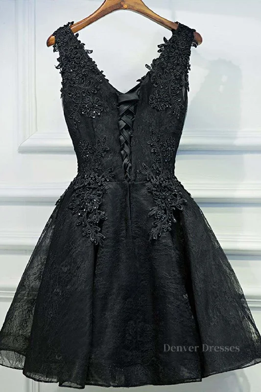 V Neck Short Black Lace Prom Dresses, Black Lace Homecoming Dresses, Short Black Formal Evening Dresses Tunics Ceremony elegant