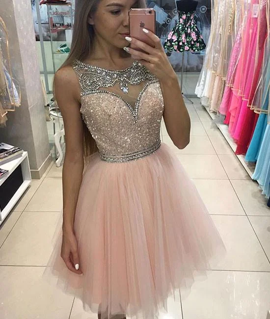 PINK ROUND NECK SEQUIN TULLE SHORT PROM DRESS, CUTE HOMECOMING DRESS Tunics Ceremony elegant PINK ROUND NECK SEQUIN TULLE SHORT PROM DRESS, CUTE HOMECOMING DRESS Tunics Ceremony elegant