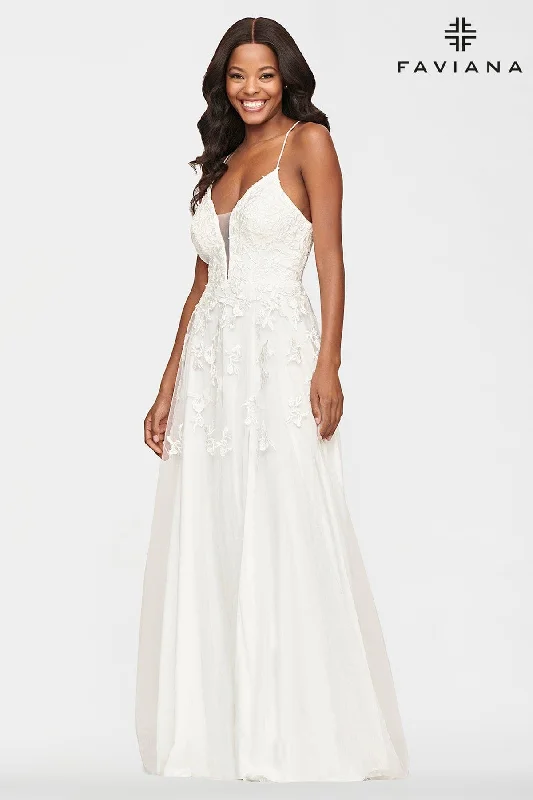 White Long Lace Deep V Neck Dress With Lace Up Back | S10640 A-Line Day Work