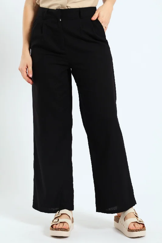 Pleated Wideleg Pants With Pockets - Black Comfortable Fleece Pants
