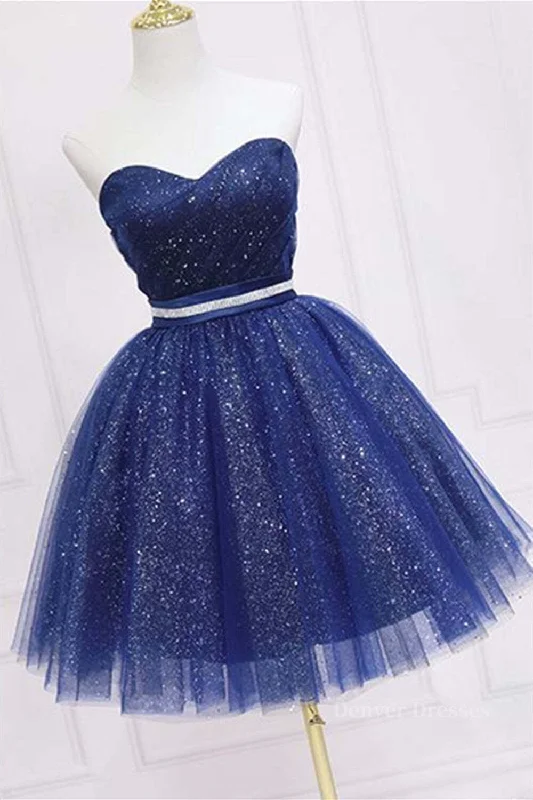 Shiny Strapless Sweetheart Neck Blue Short Prom Homecoming Dress with Belt, Sparkly Blue Formal Evening Dress Tunics Stylish elegant Shiny Strapless Sweetheart Neck Blue Short Prom Homecoming Dress with Belt, Sparkly Blue Formal Evening Dress Tunics Stylish elegant