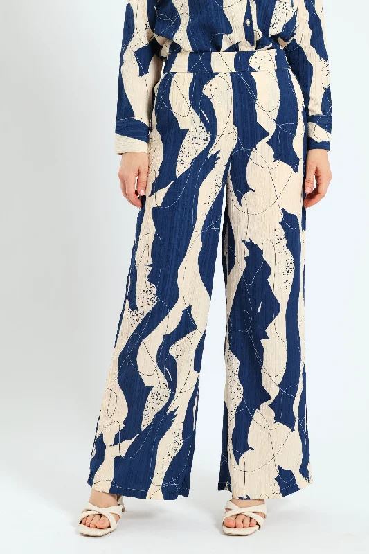 Textured Plisse Wideleg Pant - Blue Elegant Palazzo Trousers