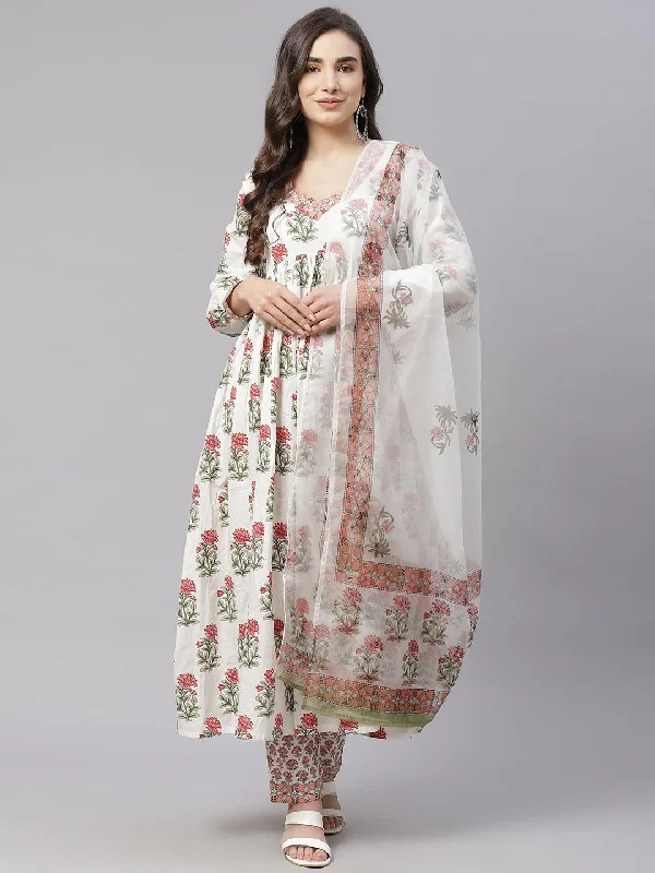 Women's White Floral Anarkali Kurta Pant Set With Dupatta - Wahenoor Casual Wide Pants Women's White Floral Anarkali Kurta Pant Set With Dupatta - Wahenoor Casual Wide Pants
