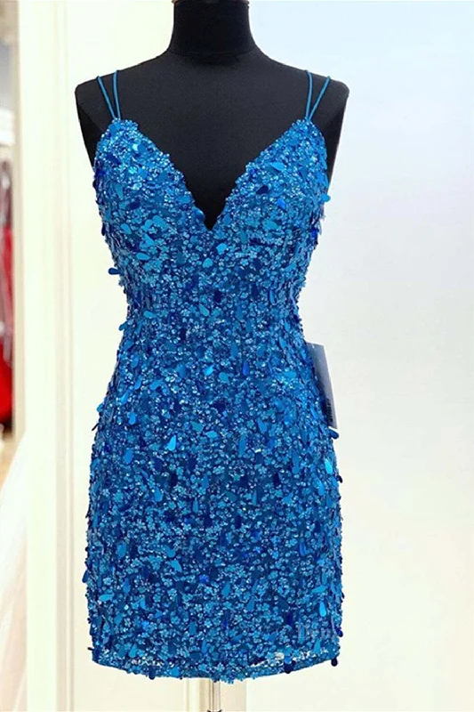 Mermaid V Neck Blue Sequins Short Prom Dresses, Mermaid Blue Homecoming Dresses, Blue Formal Evening Dresses Tunics Luxurious premium Mermaid V Neck Blue Sequins Short Prom Dresses, Mermaid Blue Homecoming Dresses, Blue Formal Evening Dresses Tunics Luxurious premium