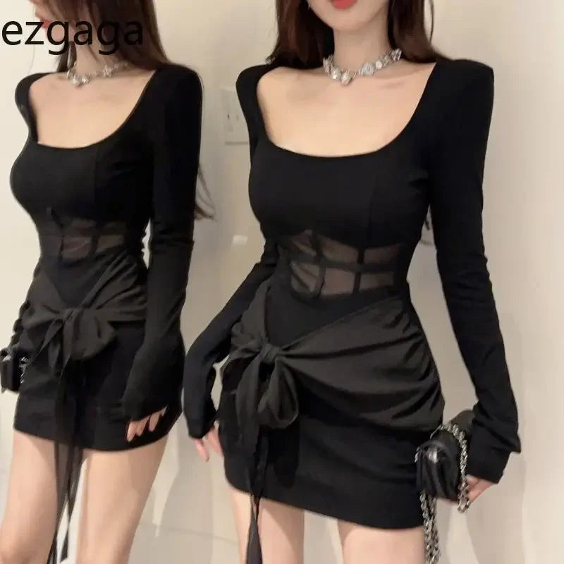 Yipinpay Woman Dress Sexy Mesh Patchwork Long Sleeve Square Collar Slim Stretch Black Elegant Dresses Party Female Stylish Tunics Fashionable trendy