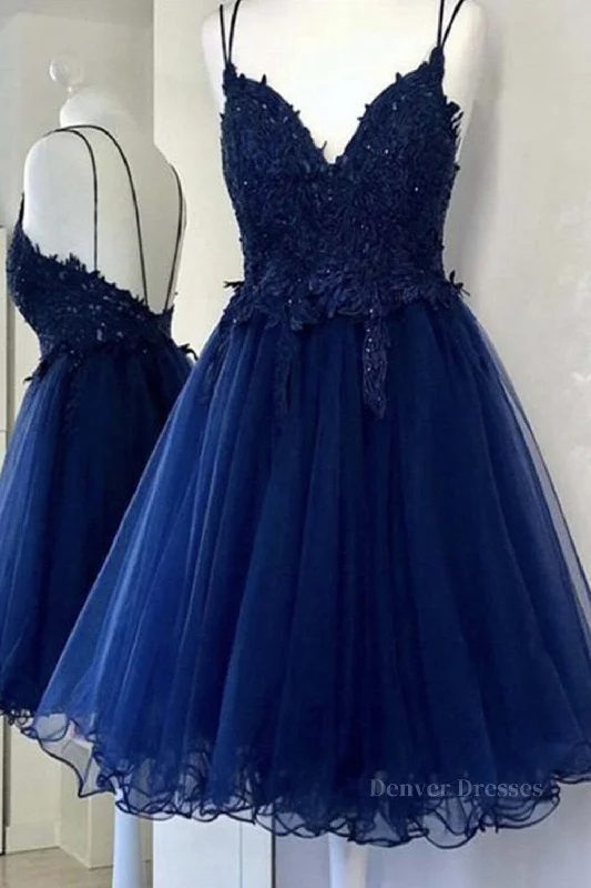 Cute V Neck Backless Blue Lace Short Prom Dresses, Blue Lace Homecoming Dresses, Blue Formal Evening Dresses A-Line Day Work Cute V Neck Backless Blue Lace Short Prom Dresses, Blue Lace Homecoming Dresses, Blue Formal Evening Dresses A-Line Day Work