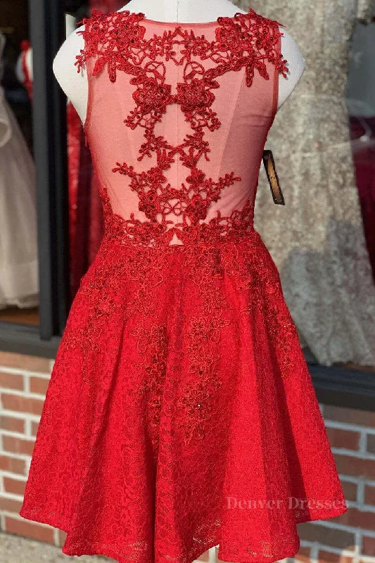 A Line V Neck Short Red Lace Prom Dress, Red Lace Formal Graduation Homecoming Dress Tunics Ceremony elegant A Line V Neck Short Red Lace Prom Dress, Red Lace Formal Graduation Homecoming Dress Tunics Ceremony elegant