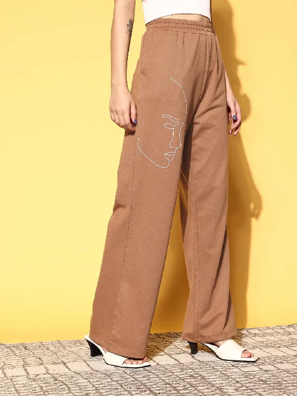 Women Brown Line Art Wide Leg Terry Track Pants Slim-Fit Khaki Pants