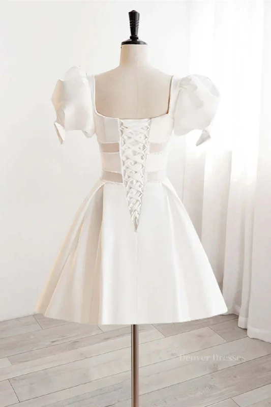 Short White Beaded Prom Dresses, Short White Beaded Formal Homecoming Dresses Tunics Sophisticated sleek